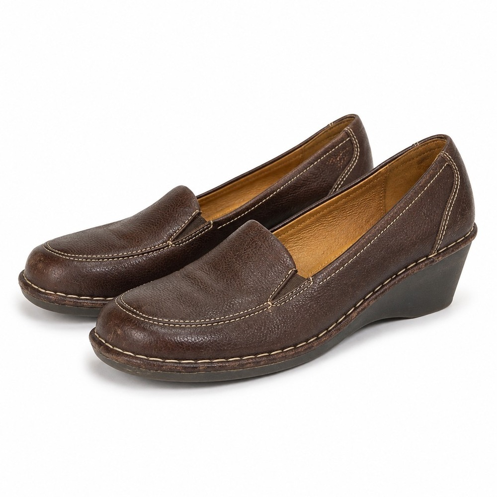Naturalizer Women's 10M Brown Leather Slip On Wedge‎ Loafers Comfort Shoes